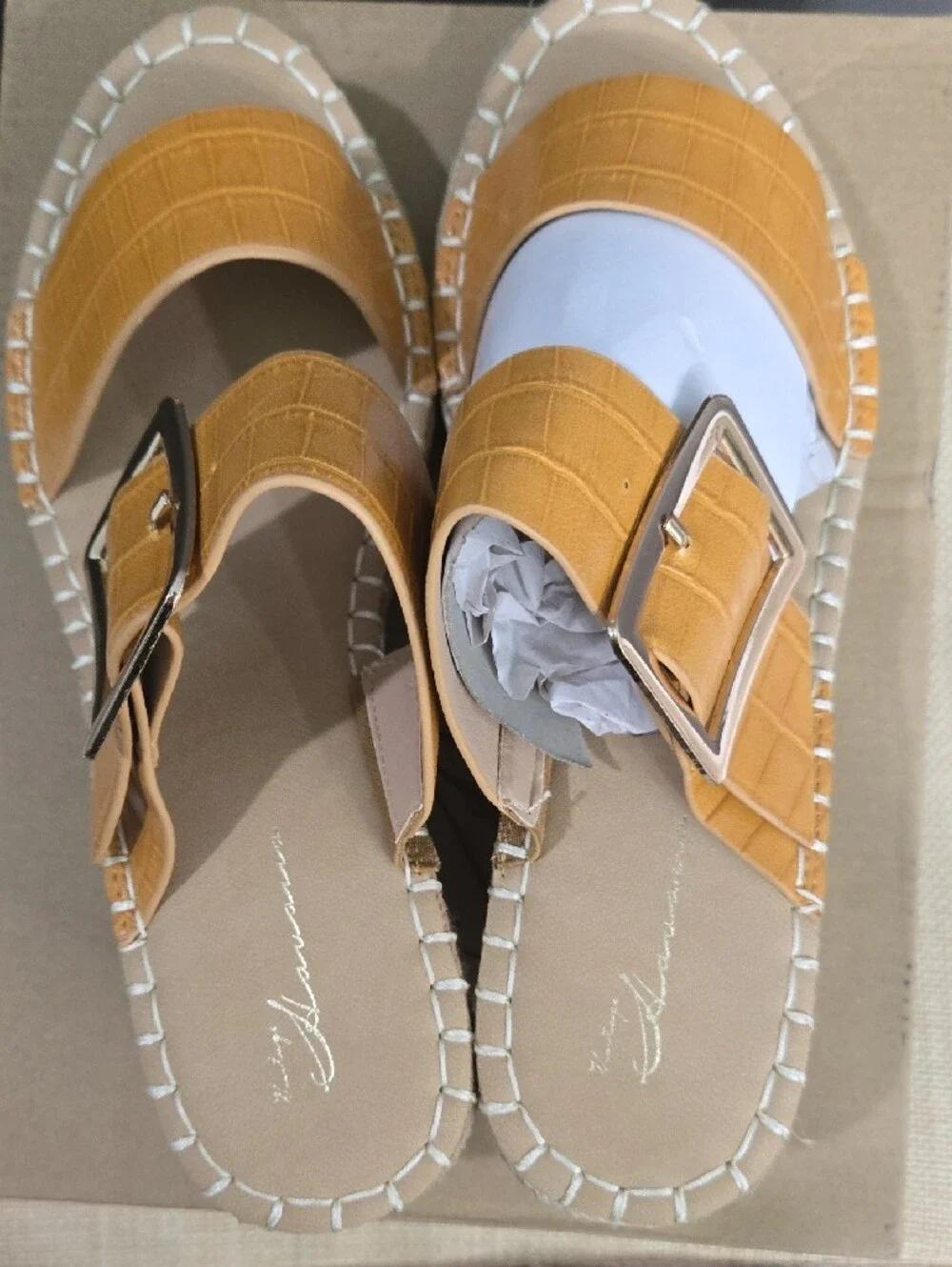 Vintage Havana Yellow Croc-Embossed Espadrille Wedge Slide with Buckle